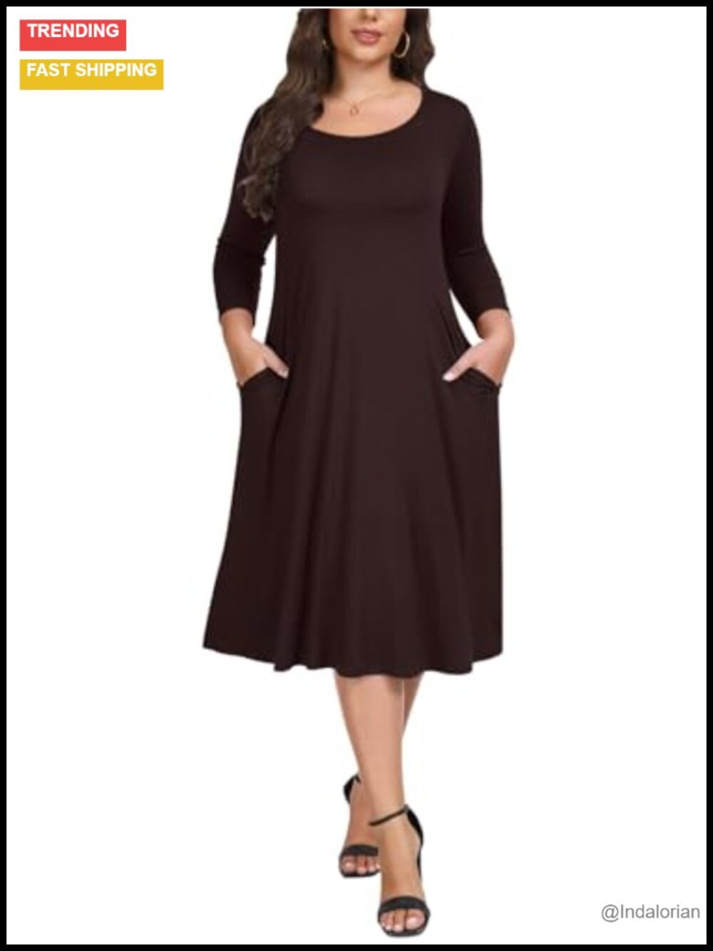 3/4 Sleeve Plus Size A-Line Dress with Pockets